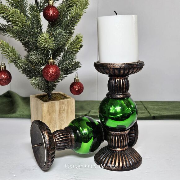 Vtg Rare Metallic Green Chunky Candlestick Candle Holder Set of 2 Festive Decor - Picture 12 of 12